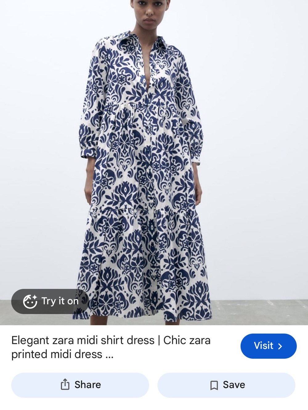 Zara White and Navy Printed Midi Shirt Dress USA small
